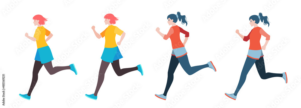走る女性のセット　二人　二種類　健康　ジョギング　ポーズ