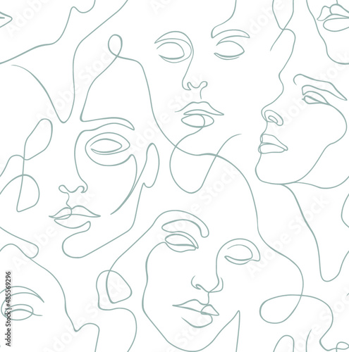 Vector seamless pattern with one line woman faces