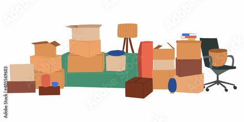 Web banner with cardboard boxes piles. Stuff packed in carton packages for relocation and moving. Many belongings in containers, books, clock. Flat vector illustrations isolated on white background