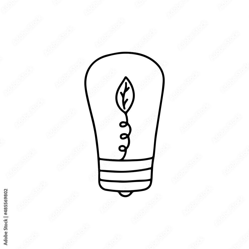 Earth Hour. Light bulb with a leaf inside. Save the planet. Black and white hand drawn vector isolated illustration. Icon doodle Earth Hour. Light bulb with a leaf inside. Save the planet. Black and white hand drawn vector isolated illustration. Icon doodle
