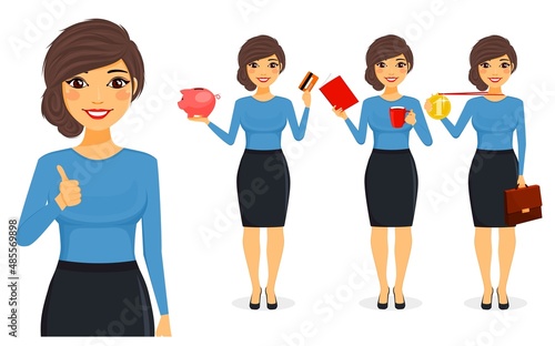 Set. A young girl businessman stands with a piggy bank, credit card, cup, medal. Business concept. Office work. Business and Finance. Flat style on white background. Cartoon.
