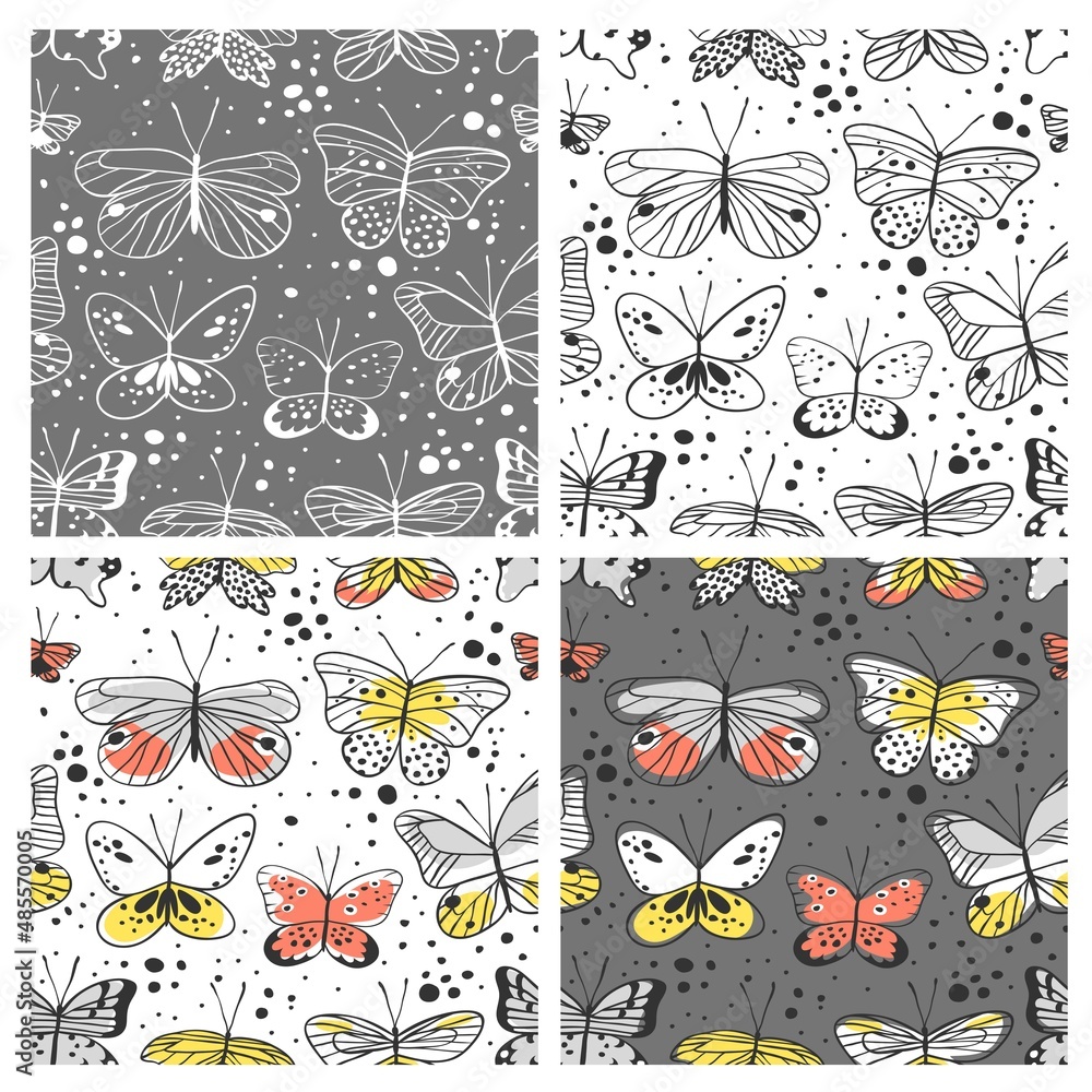 custom made wallpaper toronto digitalSeamless pattern with butterfly. Hand drawn vector illustration. Decorative elements for design. Black contour drawing. Creative ink art work