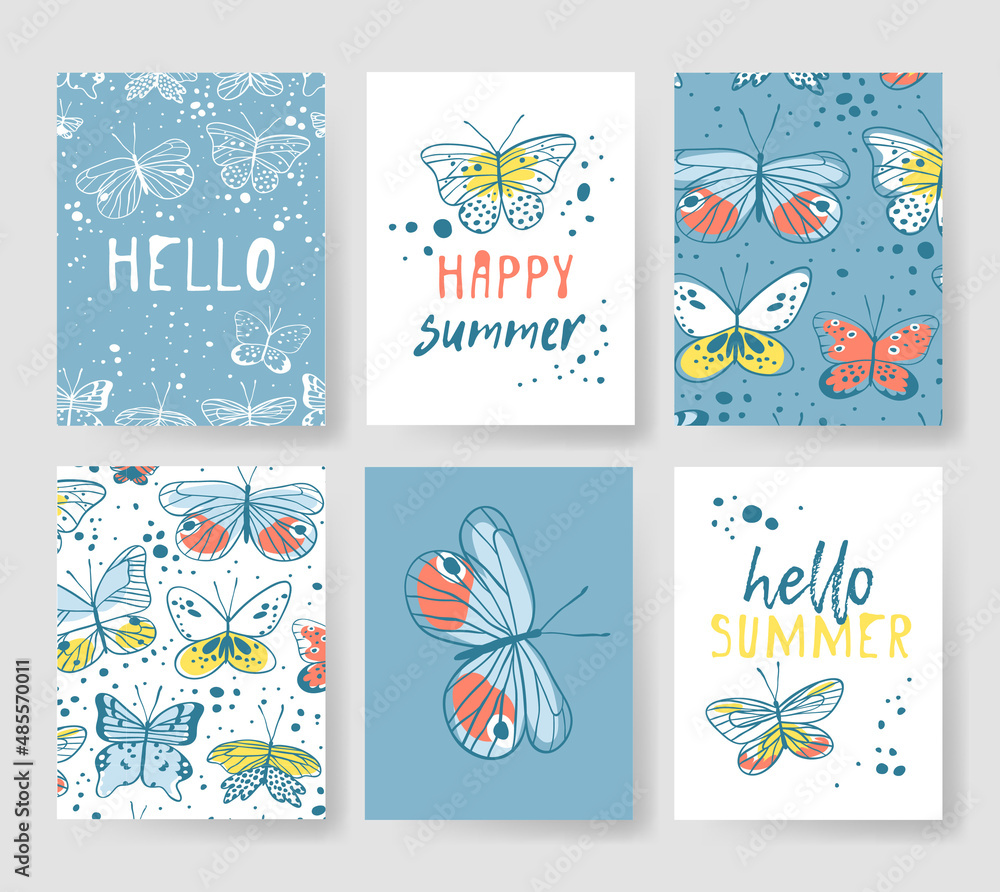 Naklejka premium Set of templates for summer cards. Hand drawn vector patterns brochures with butterfly