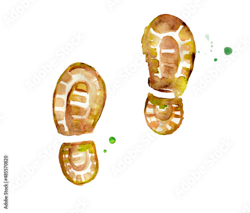 Watercolor mountain hiking illustration with brown and green footprints. Footprint painting shoe walking theme walk Alps summer environment concept