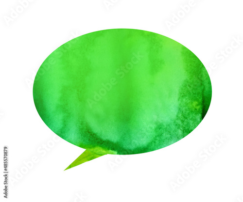 Green speech bubble watercolor illustration text box. Discussion comics style painted picture. Stickers to put on store area to write.