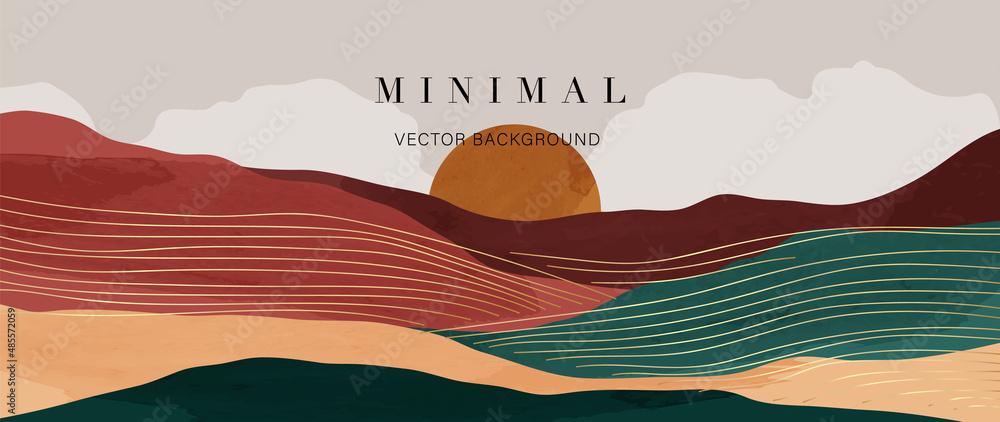 Landscape background with golden line wave pattern vector. Abstract Mountain and sun with watercolor texture banner. Design for wallpaper, prints, wall art. - obrazy, fototapety, plakaty 