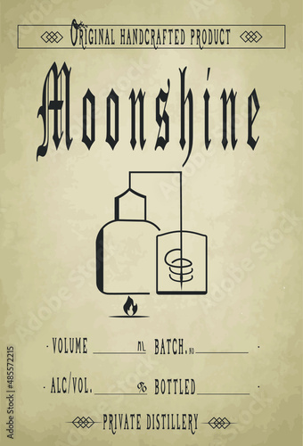 Vintage design of alcohol label. 
Moonshine label vector image with ethnic elements. Homemade alcohol stiker. Custom moonshine labels on the old sheet. Handcrafted alcohol vector image.