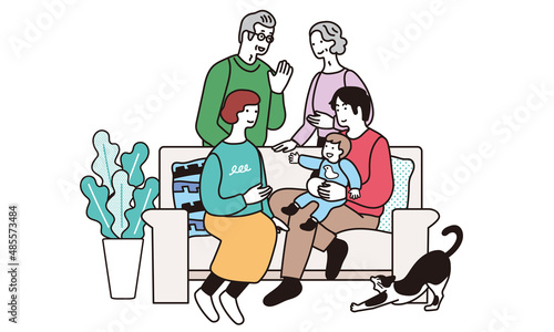 ソファに座る赤ちゃんと家族の笑顔のイラスト