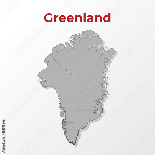 A modern map of Greenland with a division into regions, on a gray background with a red title.