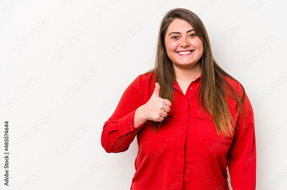 Young caucasian overweight woman isolated on white background smiling and raising thumb up Young caucasian overweight woman isolated on white background smiling and raising thumb up