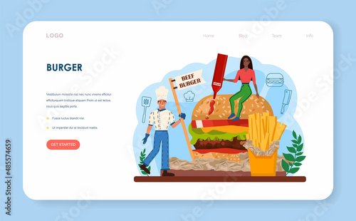 Fast food, burger house web banner or landing page. Chef cook tasty hamburger