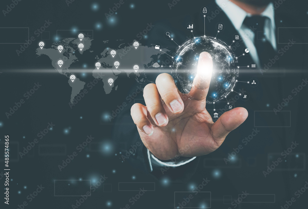 Digital marketing. Businessman touching world map with icon network connection and digital marketing application technology. Business goal and technology concept. Digital marketing. Businessman touching world map with icon network connection and digital marketing application technology. Business goal and technology concept.