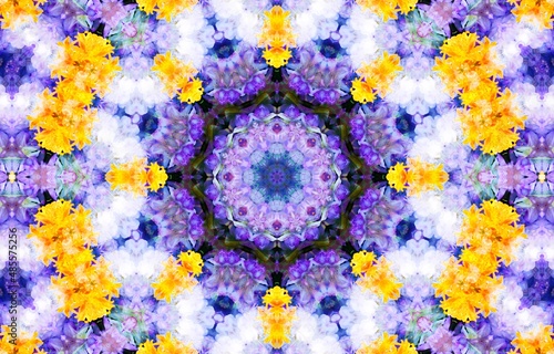 Bright floral pattern of flowers. Beautiful Kaleidoscope pattern.
