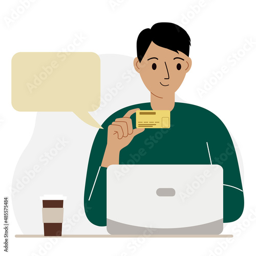 A man holds a bank card in her hand. Concept of credit, deposit, payment, debit online. Place for the test