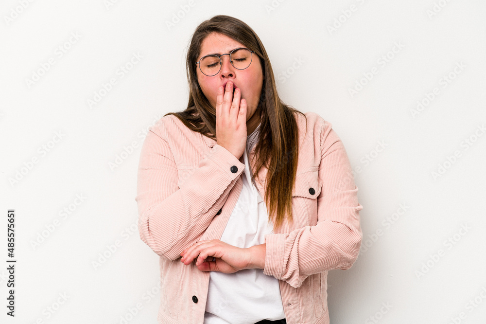 Young caucasian overweight woman isolated on white background yawning showing a tired gesture covering mouth with hand. Young caucasian overweight woman isolated on white background yawning showing a tired gesture covering mouth with hand.