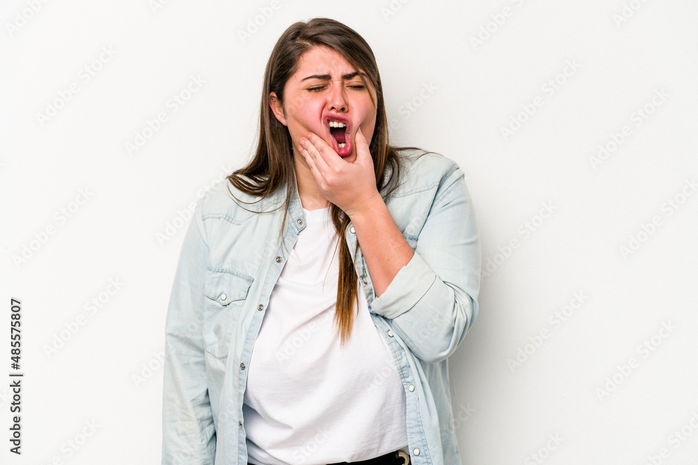 Young caucasian overweight woman isolated on white background having a strong teeth pain, molar ache. Young caucasian overweight woman isolated on white background having a strong teeth pain, molar ache.