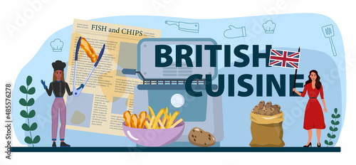 British cuisine typographic header. British deep-fried fish and chips