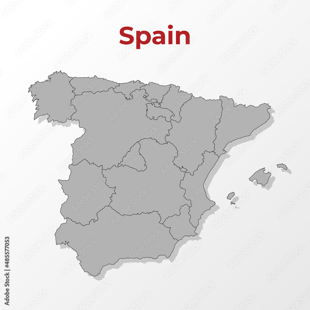 A modern map of Spain with a division into regions, on a gray background with a red title.