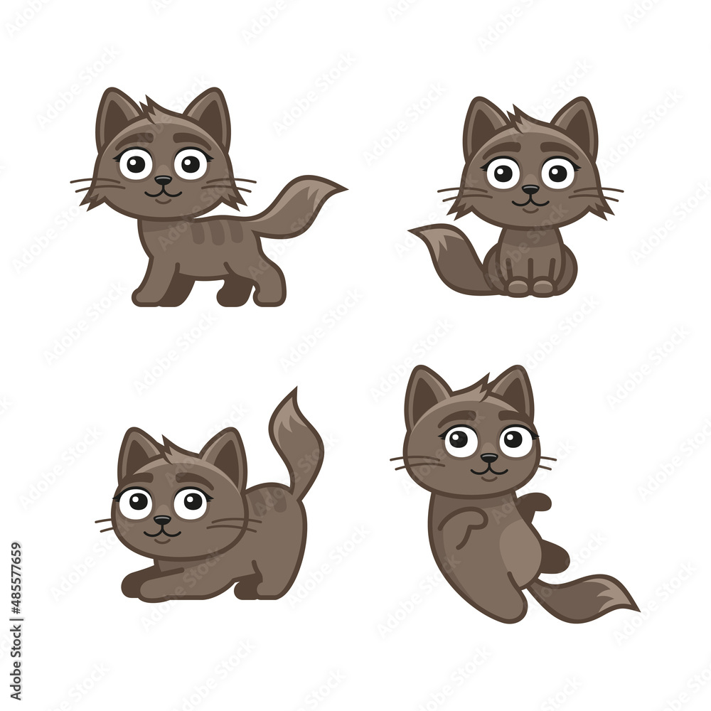 Brown Cute Cats Set in Different Poses. Vector