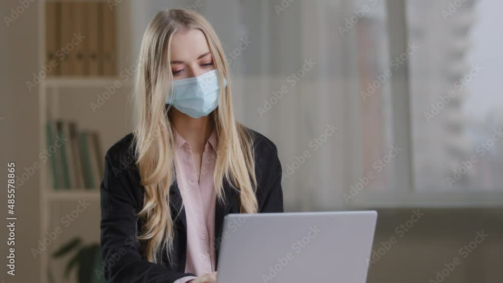 Caucasian business woman sick student girl secretary manager worker work at home office chatting online consultation wear medical mask from coronavirus covid19 pandemic quarantine safety rules concept Caucasian business woman sick student girl secretary manager worker work at home office chatting online consultation wear medical mask from coronavirus covid19 pandemic quarantine safety rules concept