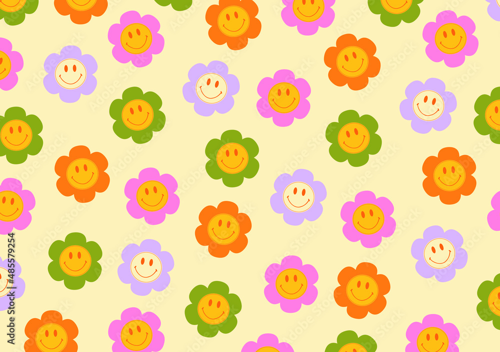 Retro flower power print. Groovy hippie style 70s 90s. Stock