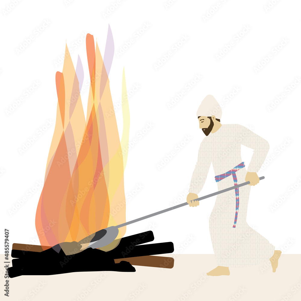 Removing the ashes from the Altar -A painting by a Jewish priest during the Temple period in Jerusalem. Wearing priestly garments: bonnet, plaid shirt and sash. Sweeping ash in a silver vessel. vector