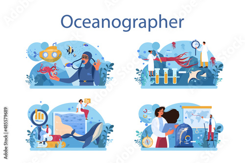 Oceanographer concept set. Oceanology scientist. Practical studying