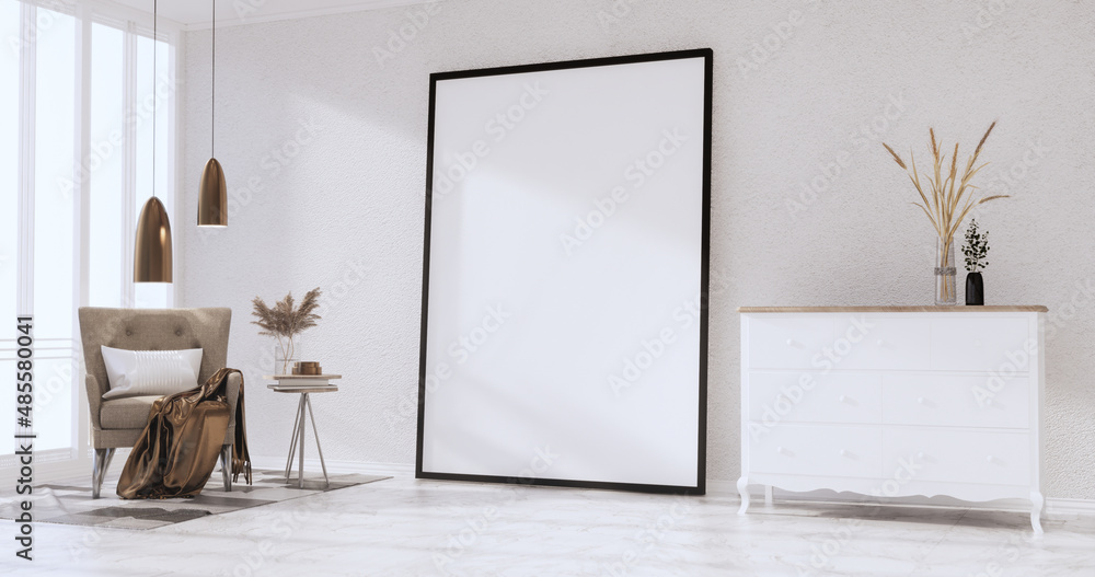 Mock up empty picture frame on the white wall of the room.3D rendering Mock up empty picture frame on the white wall of the room.3D rendering