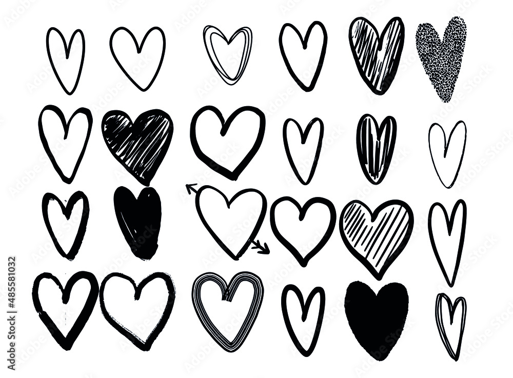 Set of simple vector hand drawn hearts in doodle style. Use for web elements, printing, fabric, banner, poster Set of simple vector hand drawn hearts in doodle style. Use for web elements, printing, fabric, banner, poster