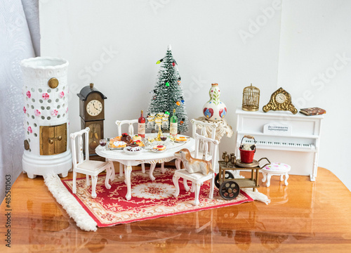 Miniature room with christmas decoration, dollhouse furniture