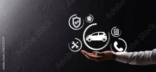 Digital composite of Man holding car icon.Car automobile insurance and car services concept. Businessman with offering gesture and icon of car