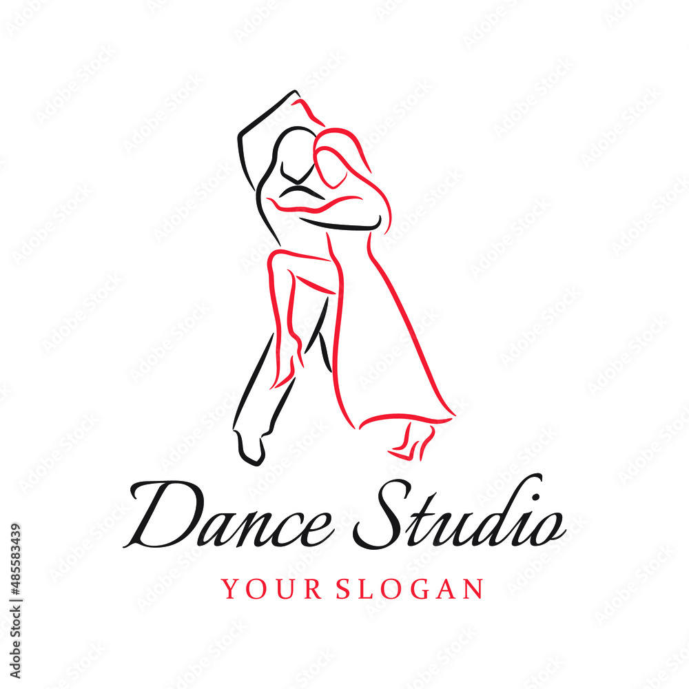 Dance studio logo design template. A dancing couple isolated on white background, vector illustration. Dance school logo, Latino, tango style. Line art.