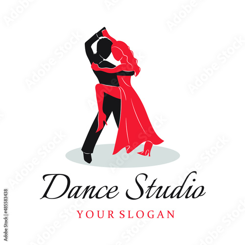 Dance studio logo design template. A dancing couple isolated on white background, vector illustration. Dance school logo, Latino, tango style.