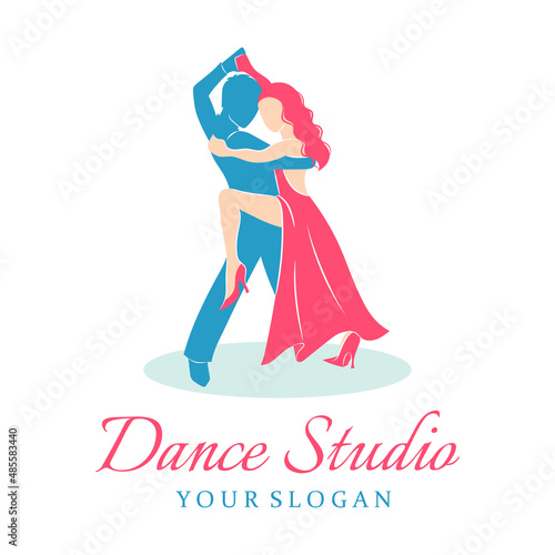 Dance studio logo design template. Dancing couple isolated on white background, vector illustration. Dance school logo, Latino, tango style.