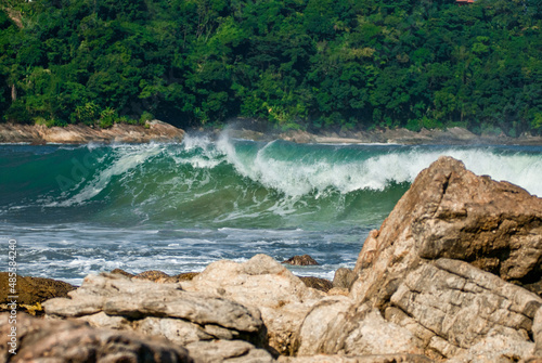 Rocks and Waves on the beach of the north coast of Sao Paulo  Brazil
