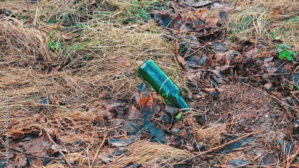 Green Glass Beer Bottle Garbage Dumped on Park Lawn Littering City Public Space Green Glass Beer Bottle Garbage Dumped on Park Lawn Littering City Public Space