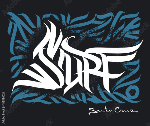 Surf ornamental hand drawn lettering, Santa Cruz, print design