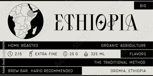 Coffee, minimal label. Set of modern coffee tag, label for brand, logo, sticker coffee shop. Template design minimal label, tag with text modern font Ethiopia. Typographic tag. Vector Illustration