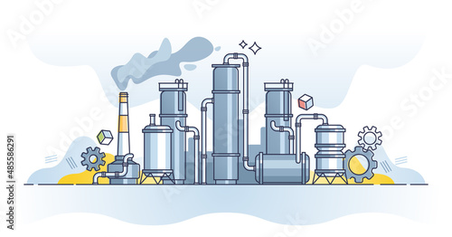 Oil refinery for gas or petroleum manufacturing industry outline concept. Chemical crude transformation into fuel or diesel vector illustration. Industrial plant station with pipeline and chimneys.