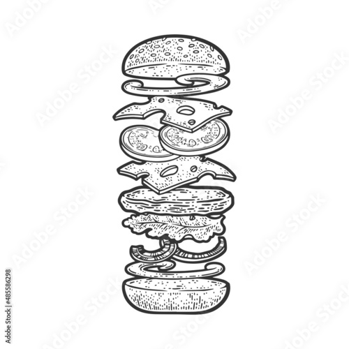 components of hamburger sketch engraving vector illustration. T-shirt apparel print design. Scratch board imitation. Black and white hand drawn image.