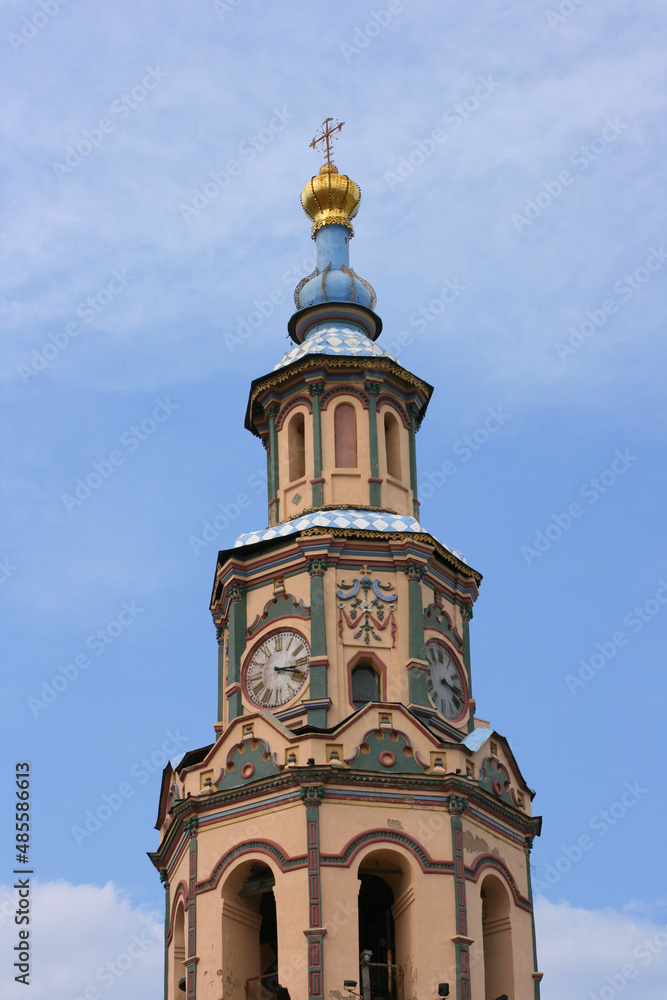 July 11 2021 - Cathedral of Saints Peter and Paul, Kazan, Tatarstan, Russia. It is tourist attraction of Kazan. Ornate painted Russian Orthodox church, beautiful historical landmark in Kazan city
