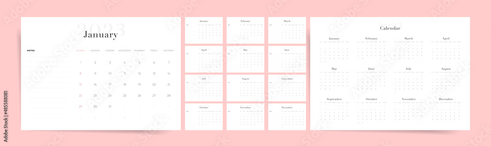 Minimal 2023 calendar design. Week starts on Sunday. Editable clean and elegant calendar page template. Place for notes. Minimalist trendy design for desktop design calendar planner. Set of 12 months Minimal 2023 calendar design. Week starts on Sunday. Editable clean and elegant calendar page template. Place for notes. Minimalist trendy design for desktop design calendar planner. Set of 12 months