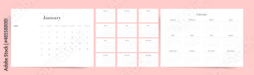 Minimal 2023 calendar design. Week starts on Sunday. Editable clean and elegant calendar page template. Place for notes. Minimalist trendy design for desktop design calendar planner. Set of 12 months	