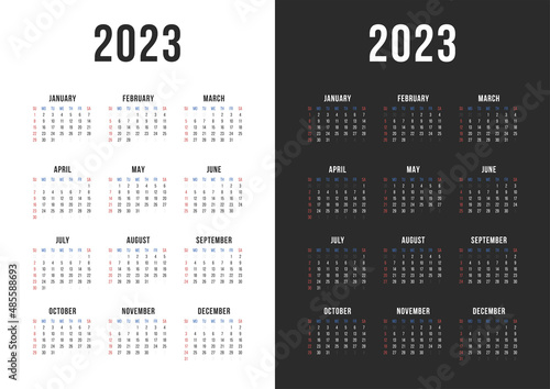 One page 12 months wall calendar 2023. Black and white versions. Vector. A4 vertical monochrome set.