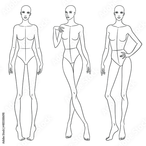 Fashion models posing. Nine head fashion figure templates. Beautiful slim women sketch, vector illustration.