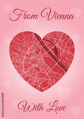 Photography Happy Valentine's day holiday card with Vienna map in heart shape