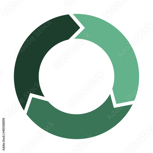 Renew and refresh circle with 3 arrows. Three elements forming circular symbol. Green color infographic vector illustration.
