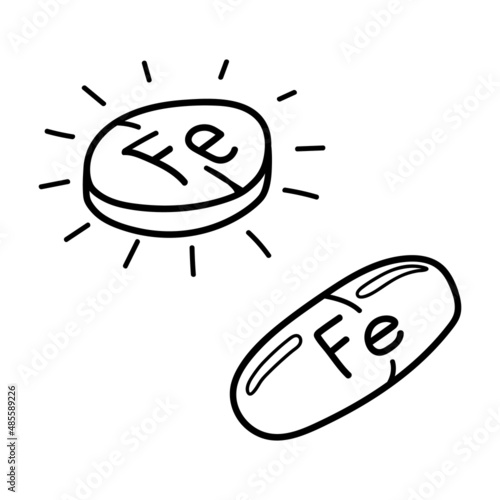 Mineral Fe icon in doodle style. Icon capsule of Ferum. Thin line icon for website or package design, app development. Vector