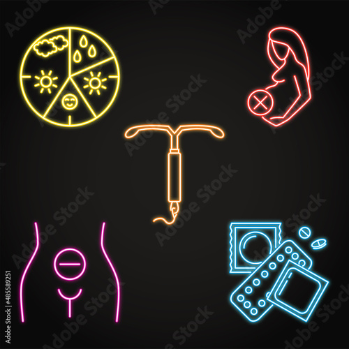 Infertility, abortion and miscarriage neon icon set