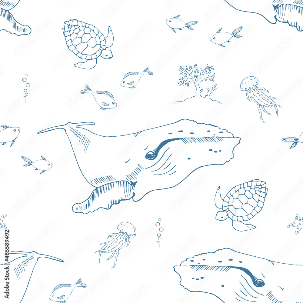 Obraz premium Seamless pattern with whale and under water creatures